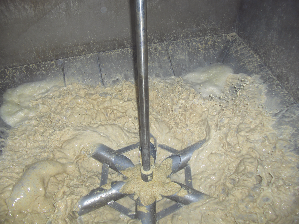 Close-up of a liquid feed tank with thick, beige feed mixture being stirred by stainless steel paddles, highlighting the mixing process and Bactocell biofilm presence.